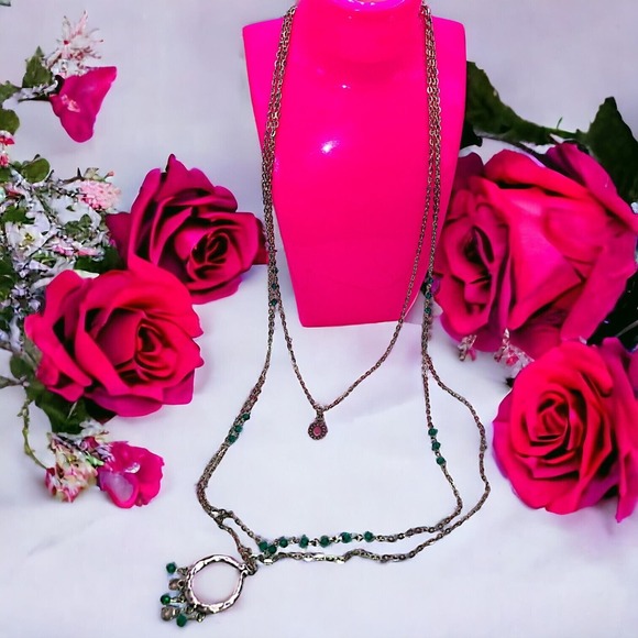 Green Crystal Silver-Tone Layered Chain 27" Necklace! - Picture 1 of 7